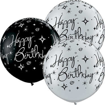 Birthday Sparkle and Swirls Fashion Onyx Black and Metallic Silver Assortment Latex Round 36in/90cm