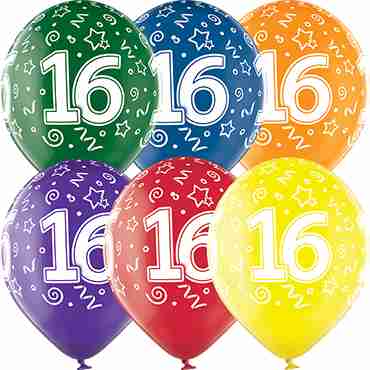 16th Birthday Crystal Green, Crystal Yellow, Crystal Orange, Crystal Royal Red, Crystal Quartz Purple and Crystal Blue Assortment (Transparent) Latex Round 12in/30cm