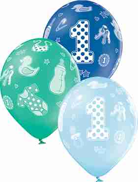 1st Birthday Boy Pastel Sky Blue, Pastel Forest Green and Royal Blue Assortment Latex Round 12in/30cm