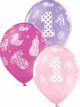 1st Birthday Girl Pastel Pink, Pastel Lavender and Pastel Rose Assortment Latex Round 12in/30cm