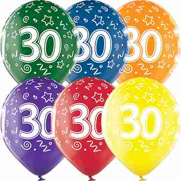 30th Birthday Crystal Green, Crystal Yellow, Crystal Orange, Crystal Royal Red, Crystal Quartz Purple and Crystal Blue Assortment (Transparent) Latex Round 12in/30cm