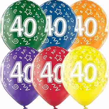 40th Birthday Crystal Green, Crystal Yellow, Crystal Orange, Crystal Royal Red, Crystal Quartz Purple and Crystal Blue Assortment (Transparent) Latex Round 12in/30cm
