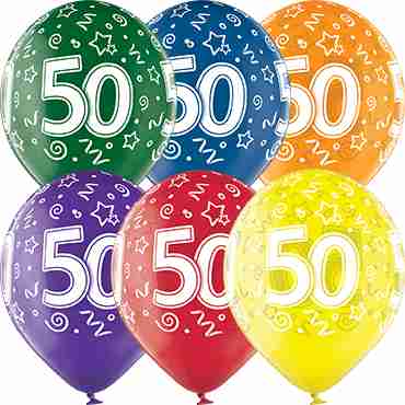 50th Birthday Crystal Green, Crystal Yellow, Crystal Orange, Crystal Royal Red, Crystal Quartz Purple and Crystal Blue Assortment (Transparent) Latex Round 12in/30cm