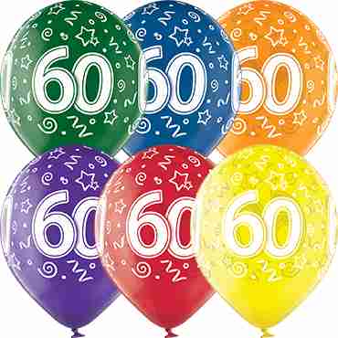 60th Birthday Crystal Green, Crystal Yellow, Crystal Orange, Crystal Royal Red, Crystal Quartz Purple and Crystal Blue Assortment (Transparent) Latex Round 12in/30cm