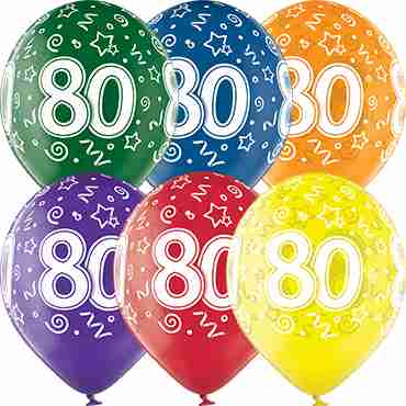 80th Birthday Crystal Green, Crystal Yellow, Crystal Orange, Crystal Royal Red, Crystal Quartz Purple and Crystal Blue Assortment (Transparent) Latex Round 12in/30cm