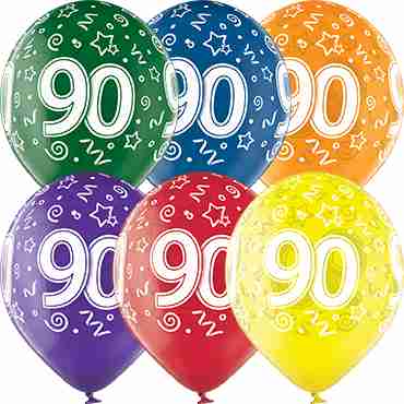 90th Birthday Crystal Green, Crystal Yellow, Crystal Orange, Crystal Royal Red, Crystal Quartz Purple and Crystal Blue Assortment (Transparent) Latex Round 12in/30cm
