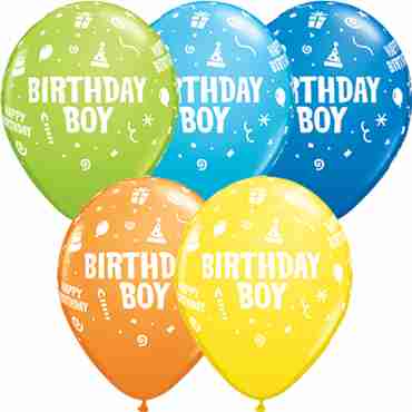 Birthday Boy Standard Dark Blue, Standard Yellow, Standard Orange, Fashion Robins Egg Blue and Fashion Lime Green Assortment Latex Round 11in/27.5cm