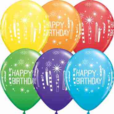 Birthday Candles and Starbursts Bright Rainbow Assortment Latex Round 11in/27.5cm