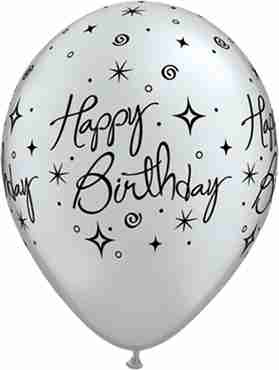 Birthday Elegant Sparkles and Swirls Metallic Silver Latex Round 11in/27.5cm