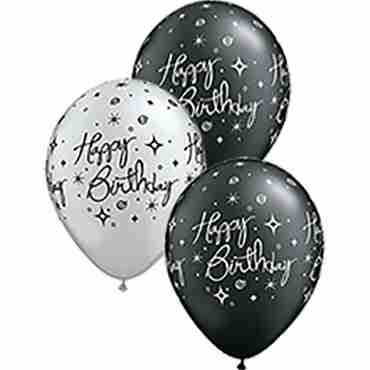 Birthday Elegant Sparkles and Swirls Pearl Onyx Black and Metallic Silver Assortment Latex Round 11in/27.5cm