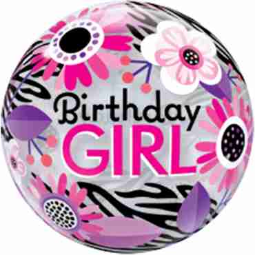 Birthday Girl Floral Zebra Stripes Single Bubble 22in/55cm