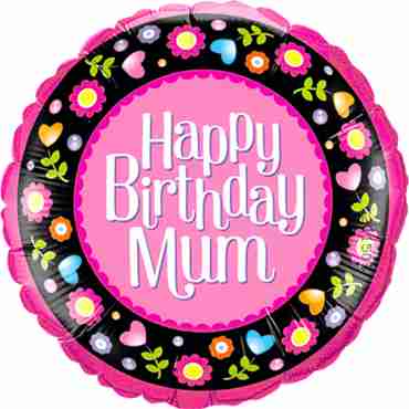 Birthday Mum Pink and Floral Border Foil Round 18in/45cm