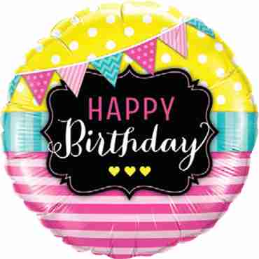 Birthday Pennants and Pink Stripes Foil Round 18in/45cm