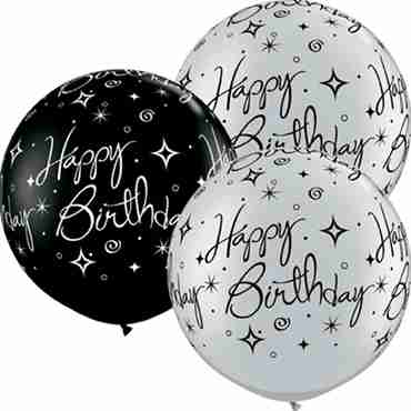 Birthday Sparkle and Swirls Fashion Onyx Black and Metallic Silver Assortment Latex Round 36in/90cm