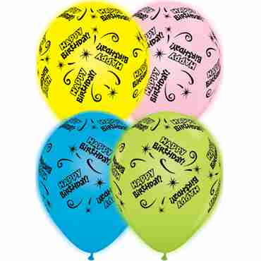 Birthday Standard Yellow, Standard Pink, Standard Pale Blue and Standard Green Assortment Q-Lite Latex Round 11in/27.5cm