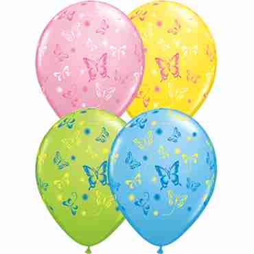 Butterflies Standard Yellow, Standard Pink, Standard Pale Blue and Fashion Lime Green Latex Round Assortment 11in/27.5cm