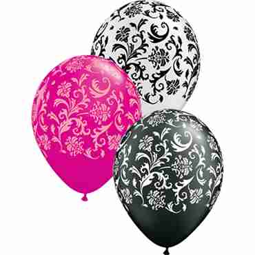 Damask Print Fashion Wild Berry, Fashion Onyx Black and Pearl White Assortment Latex Round 11in/27.5cm