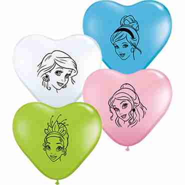 Disney Princess Faces Standard Pink, Standard Pale Blue, Fashion Lime Green and Standard White Assortment Latex Heart 6in/15cm
