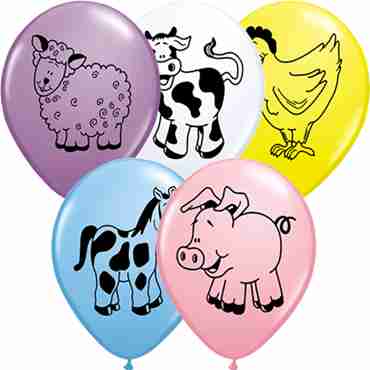 Farm Animal Assortment Standard Pale Blue, Standard Pink, Fashion Spring Lilac, Standard Yellow and Standard White Assortment Latex Round 11in/27.5cm