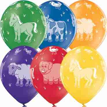 Farm Animals Pastel Leaf Green, Pastel Bright Yellow, Pastel Orange, Pastel Red, Pastel Royal Lilac and Pastel Royal Blue Assortment Latex Round 12in/30cm