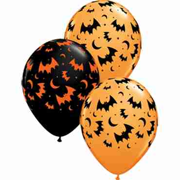 Flying Bats and Moons Standard Orange and Fashion Onyx Black Assortment Latex Round 11in/27.5cm