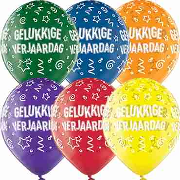 Gelukkige Verjaardag Crystal Green, Crystal Yellow, Crystal Orange, Crystal Royal Red, Crystal Quartz Purple and Crystal Blue Assortment (Transparent) Latex Round 12in/30cm