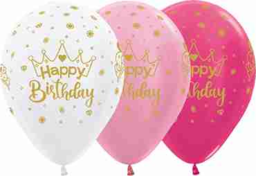 Happy Birthday Crown Metallic Fuchsia, Pearl White, Pearl Pink Latex Round 11in/27.5cm