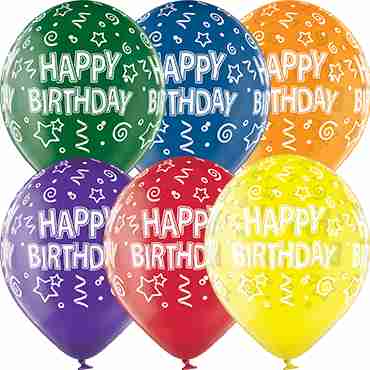 Happy Birthday Crystal Green, Crystal Yellow, Crystal Orange, Crystal Royal Red, Crystal Quartz Purple and Crystal Blue Assortment (Transparent) Latex Round 12in/30cm