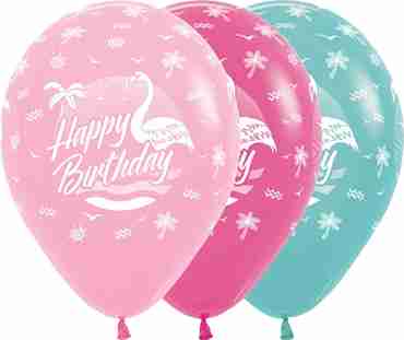 Happy Birthday Flamingo Bubblegum Pink, Fuchsia, Aquamarine Latex Round 11in/27.5cm