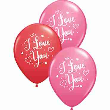 I Love You Hearts Script Standard Red and Fashion Rose Assortment Latex Round 11in/27.5cm