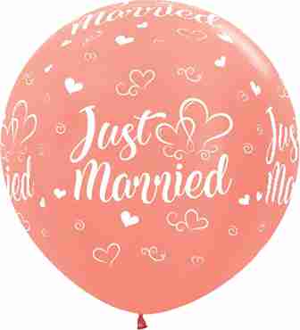 Just Married Hearts Metallic Rose Gold Latex Round 36in/90cm