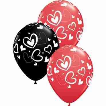 Mix and Match Hearts Standard Red and Fashion Onyx Black Assortment Latex Round 11in/27.5cm