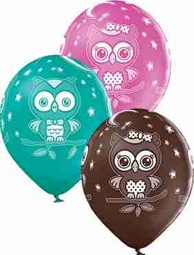 Owls Pastel Forest Green, Pastel Rose and Pastel Cocoa Brown Assortment Latex Round 12in/30cm