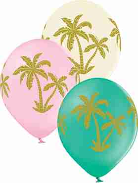 Palm Tree Pastel Pink, Pastel Vanilla and Pastel Forest Green Assortment Latex Round 12in/30cm