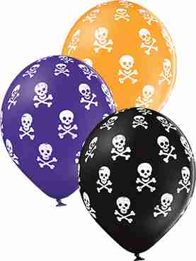 Skulls Pastel Black, Pastel Orange and Pastel Royal Lilac Assortment Latex Round 12in/30cm