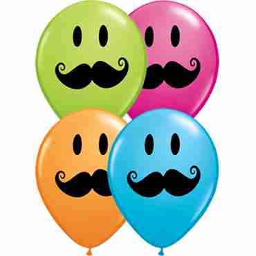 Smile Face Mustache Standard Orange, Fashion Robins Egg Blue, Fashion Wild Berry and Fashion Lime Green Assortment Latex Round 11in/27.5cm