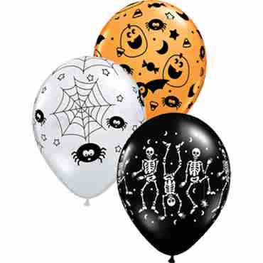 Spooky Assortment Standard Orange, Fashion Onyx Black and Crystal Diamond Clear (Transparent) Latex Round 11in/27.5cm