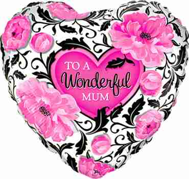 Wonderful Mum Floral Damask Foil Heart 18in/45cm