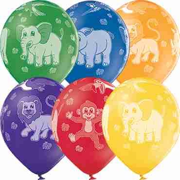 Zoo Animals Pastel Leaf Green, Pastel Bright Yellow, Pastel Orange, Pastel Red, Pastel Royal Lilac and Pastel Royal Blue Assortment Latex Round 12in/30cm